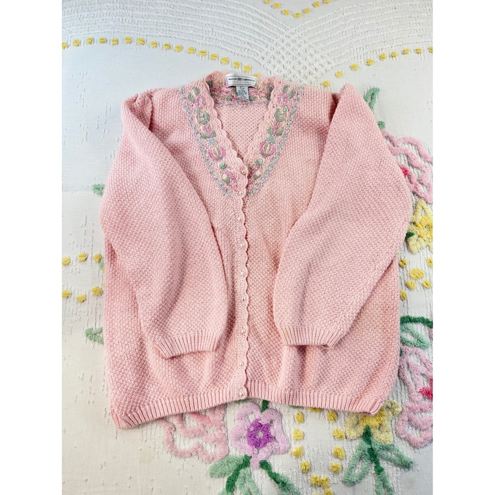 Maggie Lawrence Vintage Pink Floral Embroidered  Pearl Button Sweater 26W